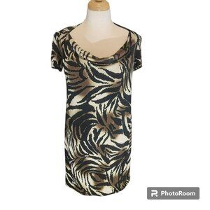 Kelly & Diane Dress, Women 10, Black & Tan Tiger Print, Midi Length,  EUC